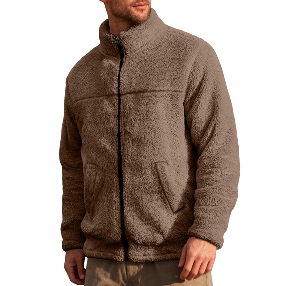 

Мужская куртка из полар-флиса для зимы, однотонная, со стоячим воротником, длинными рукавами, застежкой-молнией, свободного кроя, мужская верхняя одежда с карманами XXXL коричневый