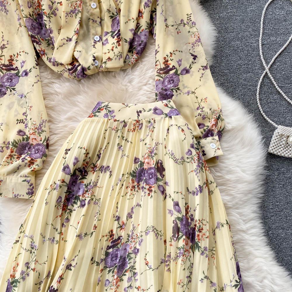 Spring Fashion Bow Top + Heavy Industry Pleated Chiffon Skirt Two-Piece Set Of Foreign Style Broken Flowers