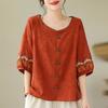 Elegant Cotton Linen Embroidered Loose Short Sleeve T-Shirt for Mom Summer Vintage Women's Tops Crew Neck T-shirt