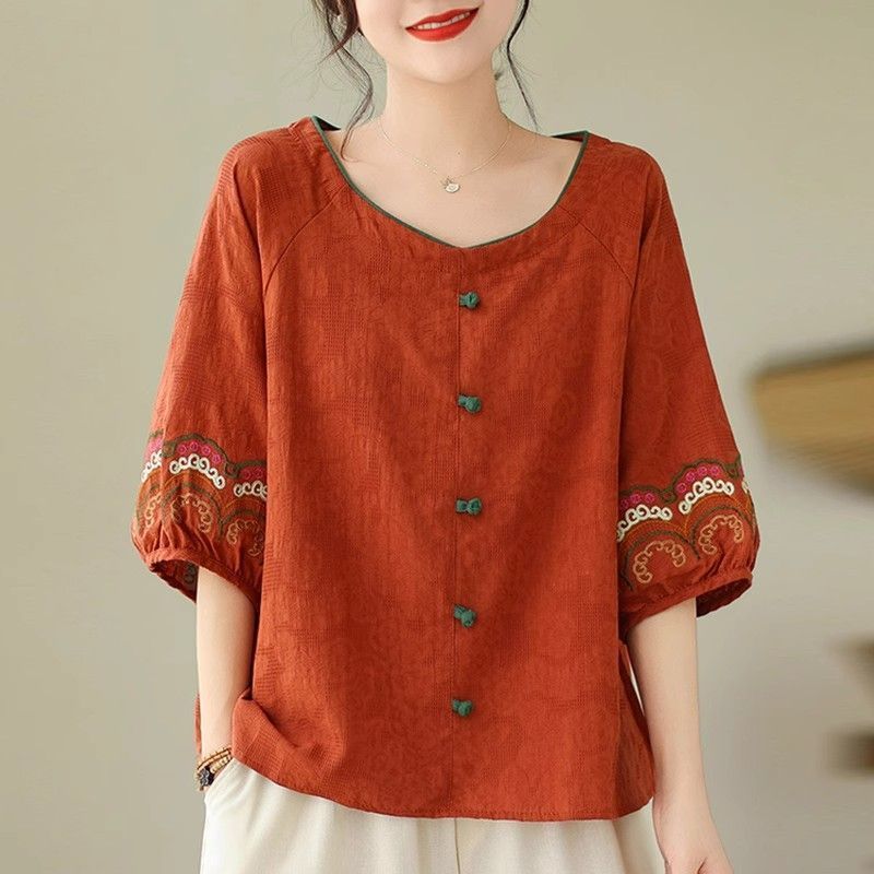 Cotton and linen half-sleeved embroidered top literary retro loose short-sleeved T-shirt spring and summer new women's clothing