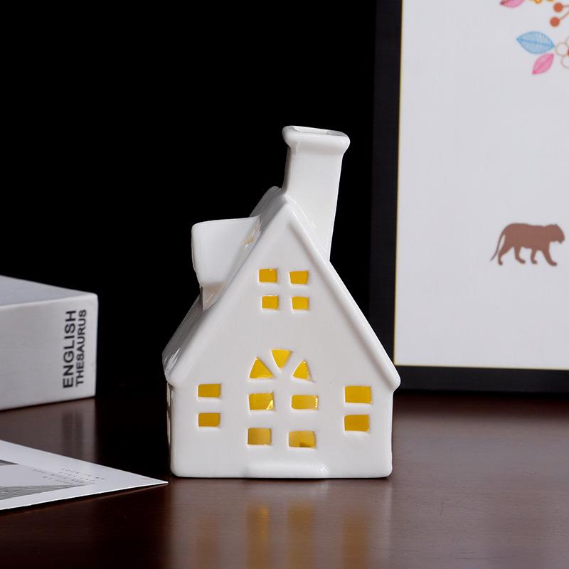 European Ceramic LED Christmas House Ornament: Creative Hollow Candlestick Night Light