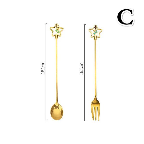 2PCS/set Cherry Blossom Spoon Fork Stainless Steel Coffee Spoons Household Kitchen Star Long Handle Dessert Cake Spooning
