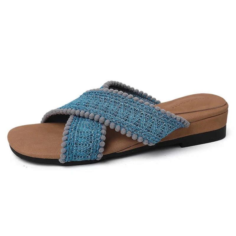 2025 Summer Women Fashion Weave Cross Slippers Casual Comfort Wedges Heel Beach Vacation Slides Shoes
