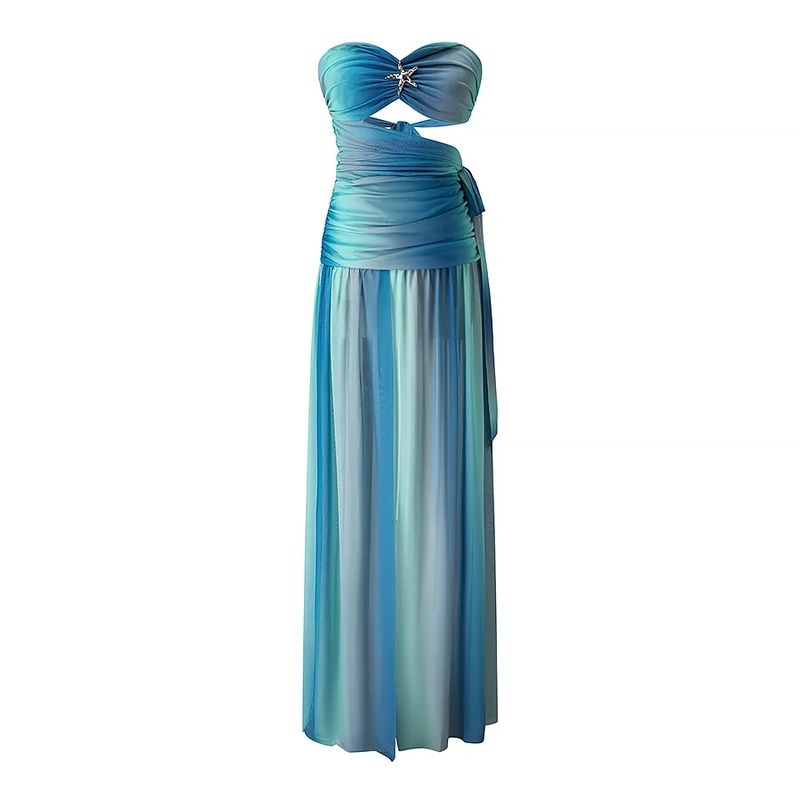 

Nile Holiday Seaside Vacation Atmosphere Photo Production Contrast Color Wrap-around Backless Bandage Design Sense Dress Blue-green Contrast Color L