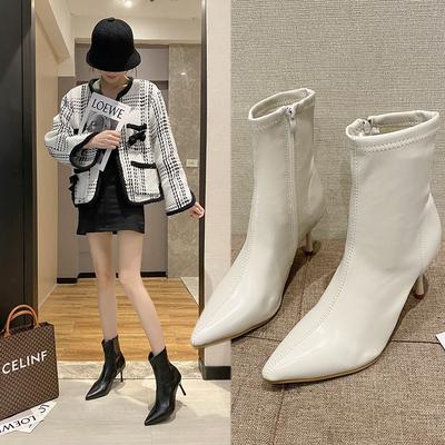 Skinny Boots Women's Short Heel Super High Heel Small Leather Boots Banquet Style Simple Pointed Winter Side Zipper Boots