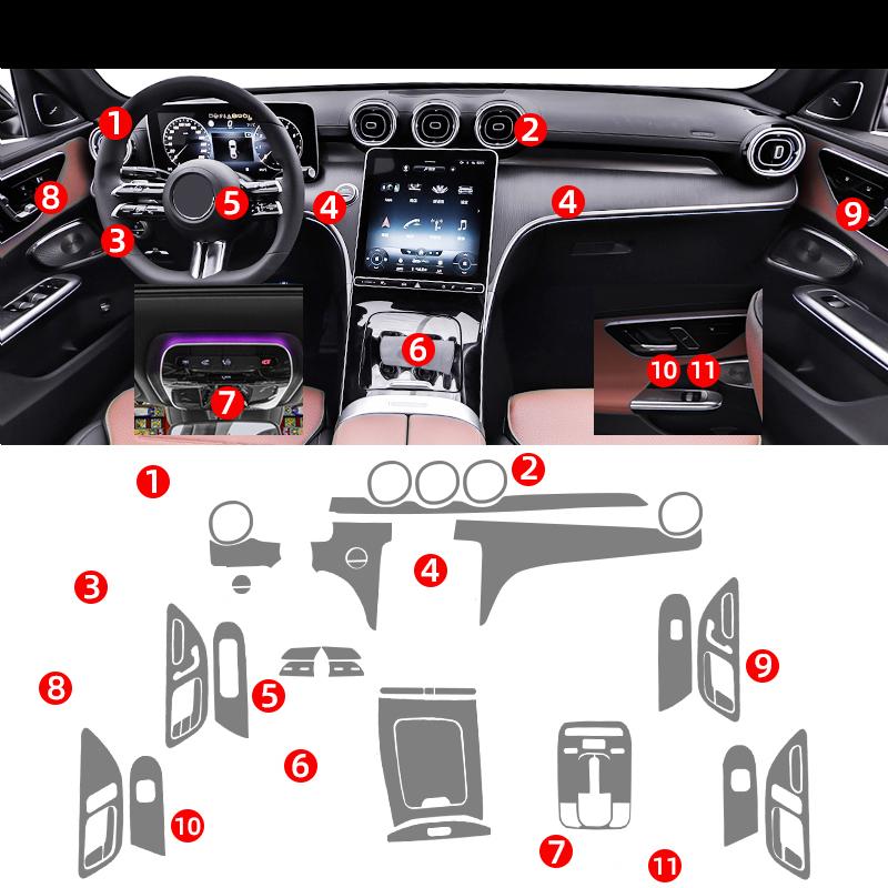 TPU für Benz Mercedes C-Klasse C200 C260 Transparenter Schutzfilm Auto Innenraum Aufkleber Zentrales Bedienfeld Gangschaltung Tür Luftauslass