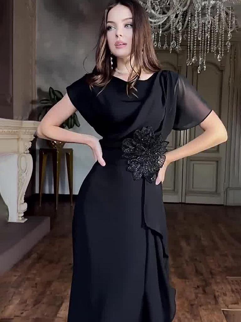 European & American 2025 Spring Elegant Luxurious Short Sleeve Waist-cinching Long Dress