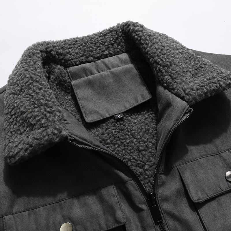 Men's Spring Autumn Outdoor Warm Fleece Lined Jacket Loose Casual Faux Leather Jackets Windproof Men's Coat Snaps Working Jacket with Multi Pockets