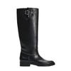 Women's Black Leather Knee High Boots Buckle Detail Block Heel Classic Riding Style Stylish Perfect for Autumn/Winter