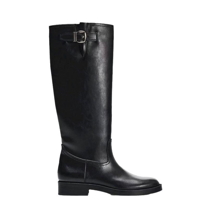 Women's Black Leather Knee High Boots Buckle Detail Block Heel Classic Riding Style Stylish Perfect for Autumn/Winter