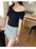 Pleated Bow One-word Shoulder Design Short-sleeved T-shirt Women's Summer New Slim-fitting and Thin Niche Top