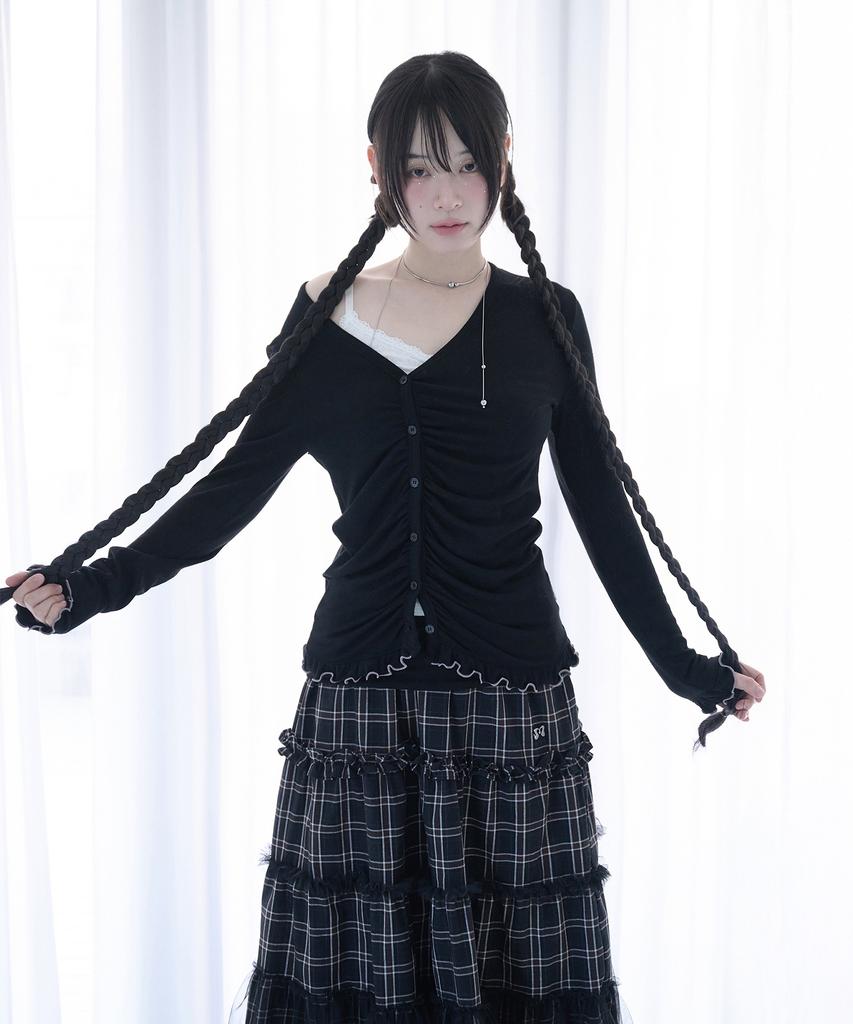 Mireco Asymmetric Shirring Lace Cardigan Black