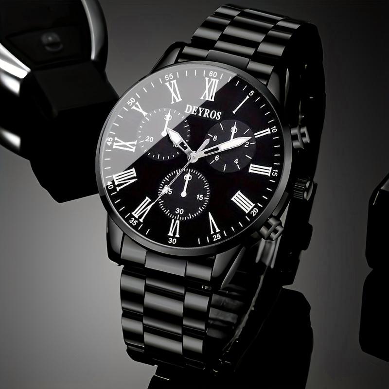 4pcs/set Men Quartz Watch Set Luxury Mens Wristwatch Men's Jewelry Set Necklace Bracelet Ring Business Gift Watch