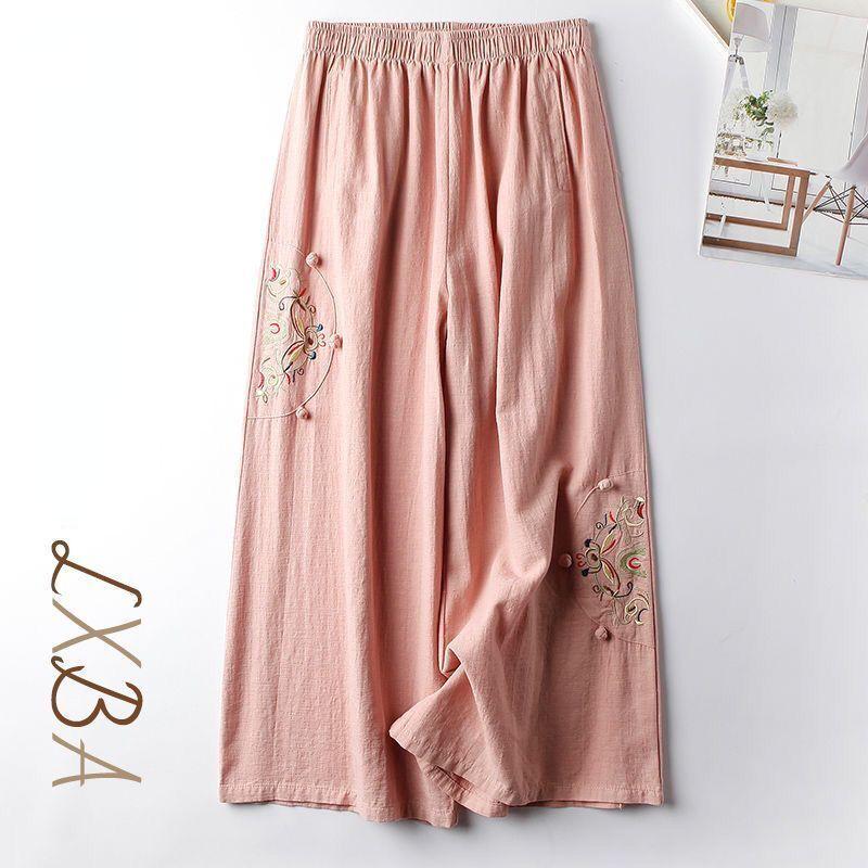 Summer Ladies Cotton Linen Casual Pants Retro Ethnic Wind Embroidered Wide-legged Pants Thin Nine-point Pants