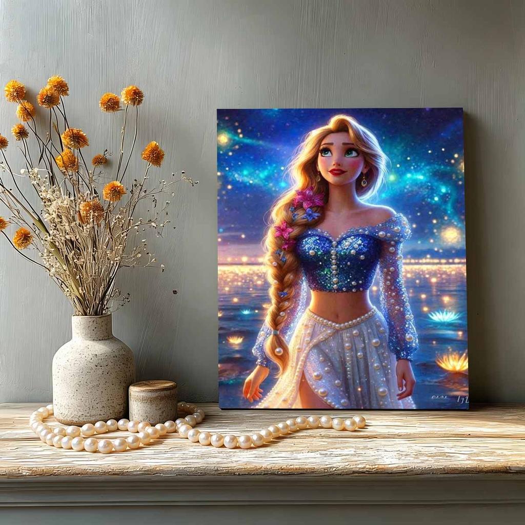 Frozen Princess Elsa Blue and White Pearl Dress Pearl Painting Starry Sky River Lamp Twist Braids Flowers In Hair Water Water Sparkling Theme Unframed