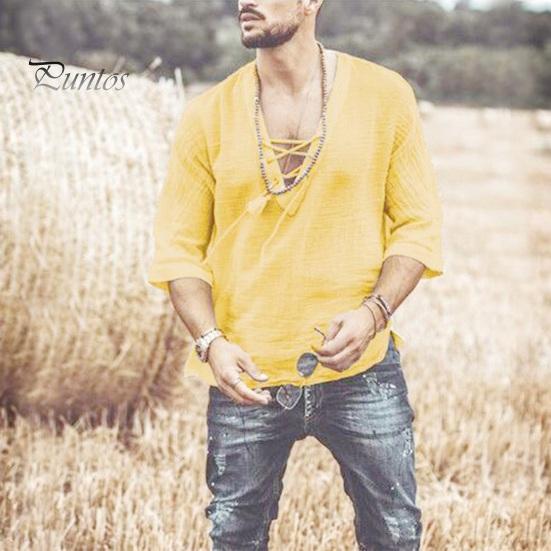 Summer Men Shirt Lace-up V Neck Mid Sleeves Loose Pure Color Pullover Retro Daily Wear Quick Dry Thin Casual Mid Length Top