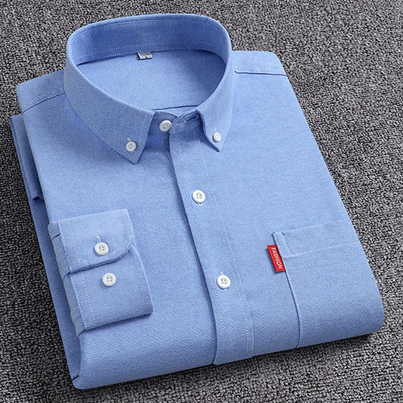 New Men's Oxford Shirts Long Sleeve 100% Cotton Solid Color Turn Down Collar Regular Fit Button-down Shirt Daily Men Clothing