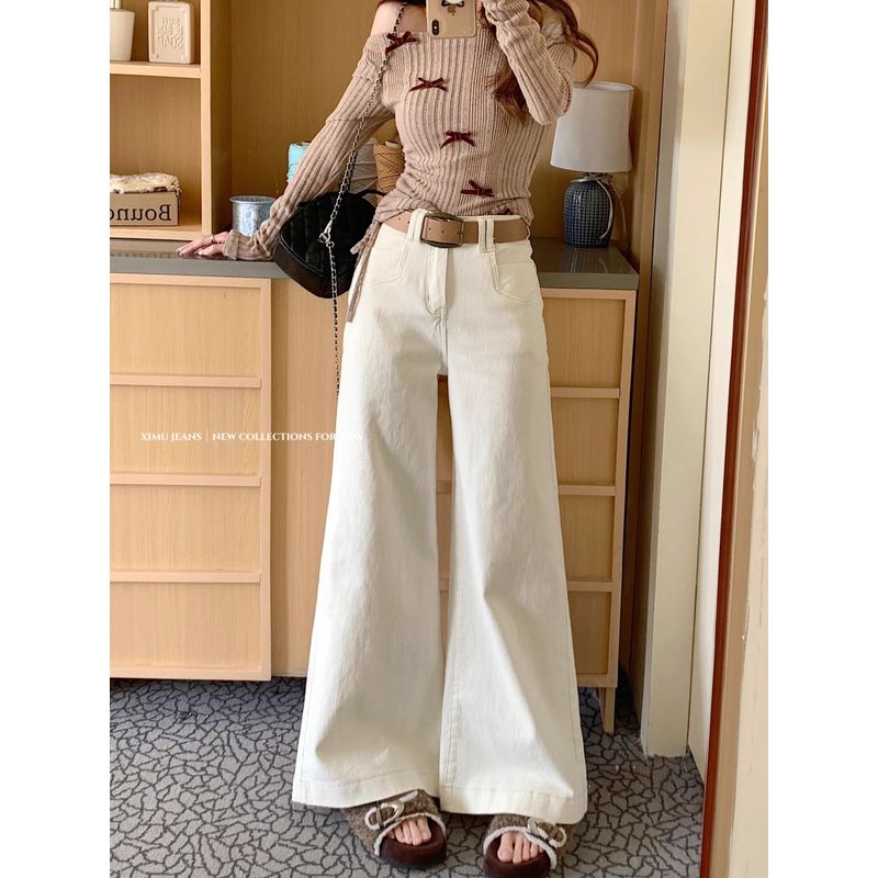 Kumikumi American vintage White High Waist Drape Jeans Women clothes Autumn All-Match Loose Slimming Wide Leg Pants