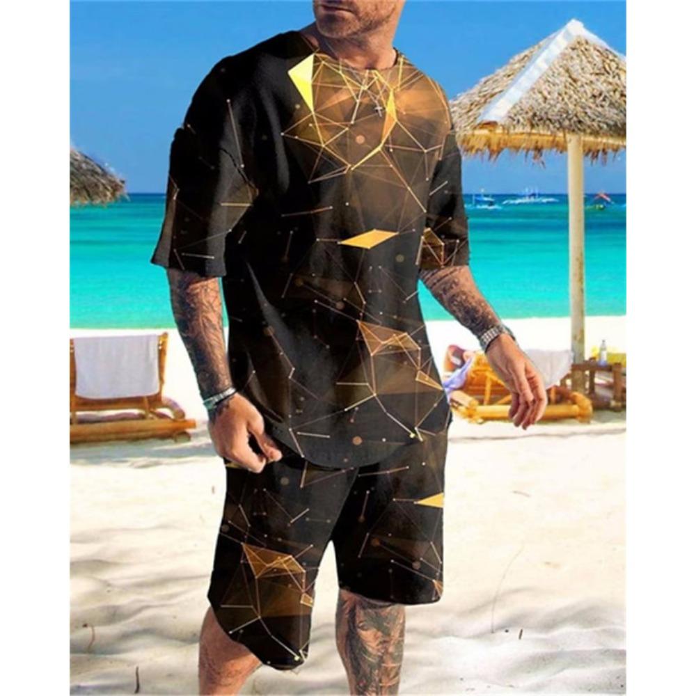 Summer Men's O-Neck Short Suit Sleeve coatGeometric Pattern Print 3D Sportswear Casual Oversized Top Shorts Breathable Sportswea