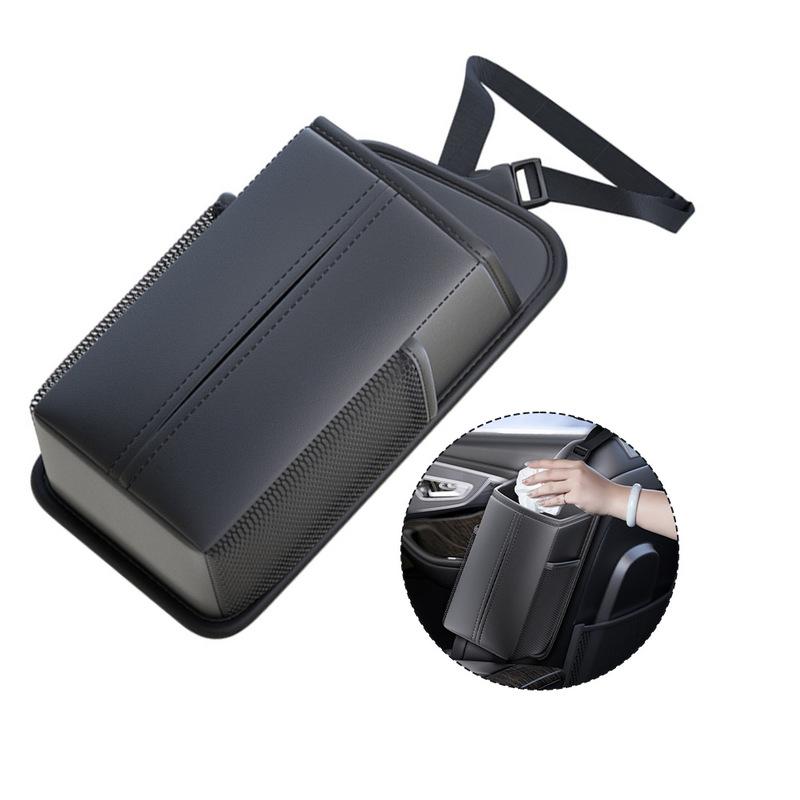 Front Seat Car Tissue Box Can Hold Mobile Phones And Cards Tissue Holder Headrest Organizer With 2 Side Mesh Pockets Leather