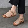 Johnature Genuine Leather Peep Toe Flat Sandals Vintage Solid Color Soft Sole Comfortable Versatile Women Shoes