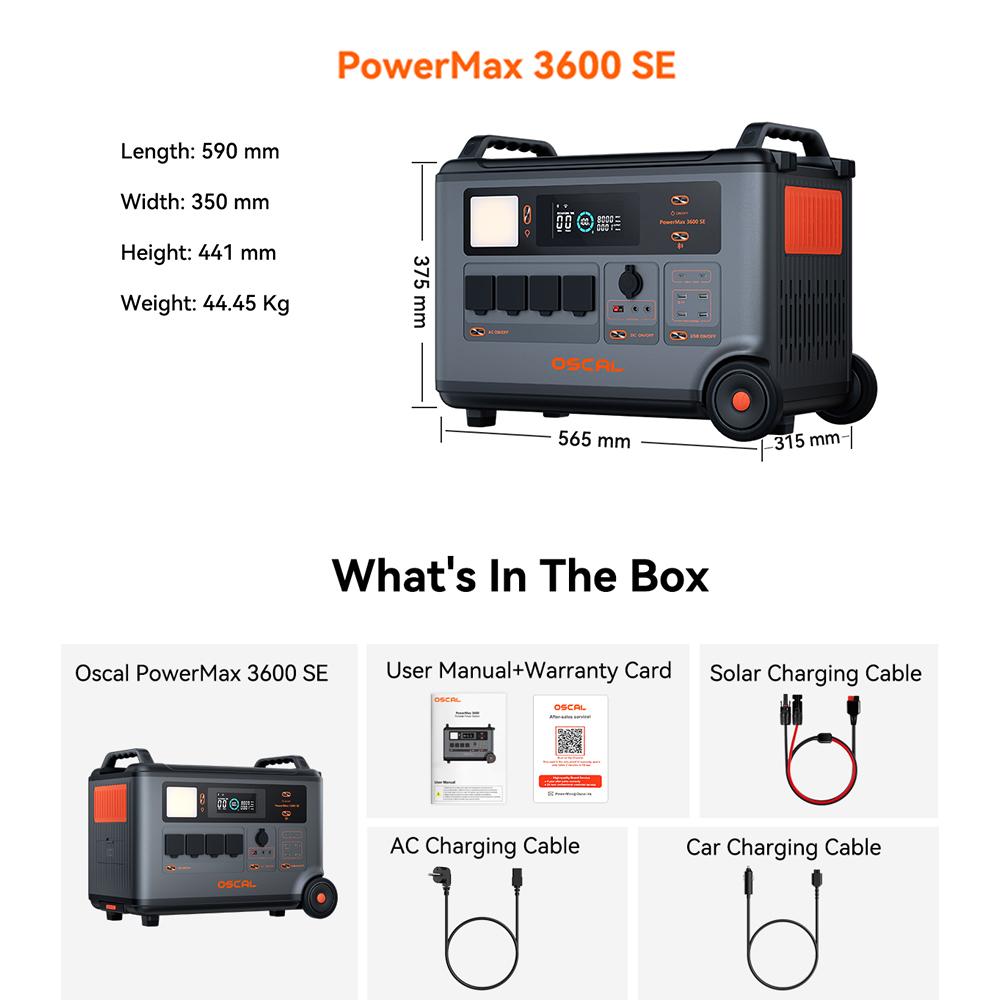 Stazione di Alimentazione Rugged Portatile Oscal PowerMax 3600SE, Generatore Solare 3600W Batteria LiFePO4 3600Wh, Controllo Smart tramite App per Casa, Esterno, Campeggio