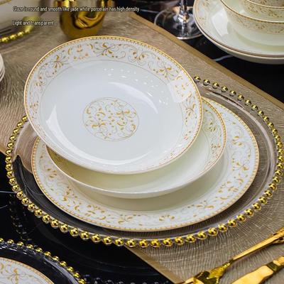 Sun Island Gold Rim Bone China Deep Plate: Soup, Dinner, Rice, and Dessert Plate - Elegant Ceramic Tableware.
