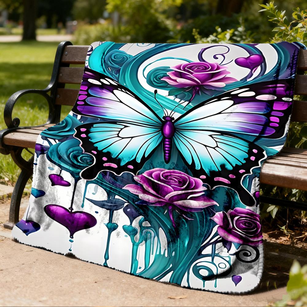 1pc Butterfly Roses Heart Outdoor Flannel Blanket Soft All Season Polyester Throw , Perfect for Picnics & Travel , Picnic Accessory