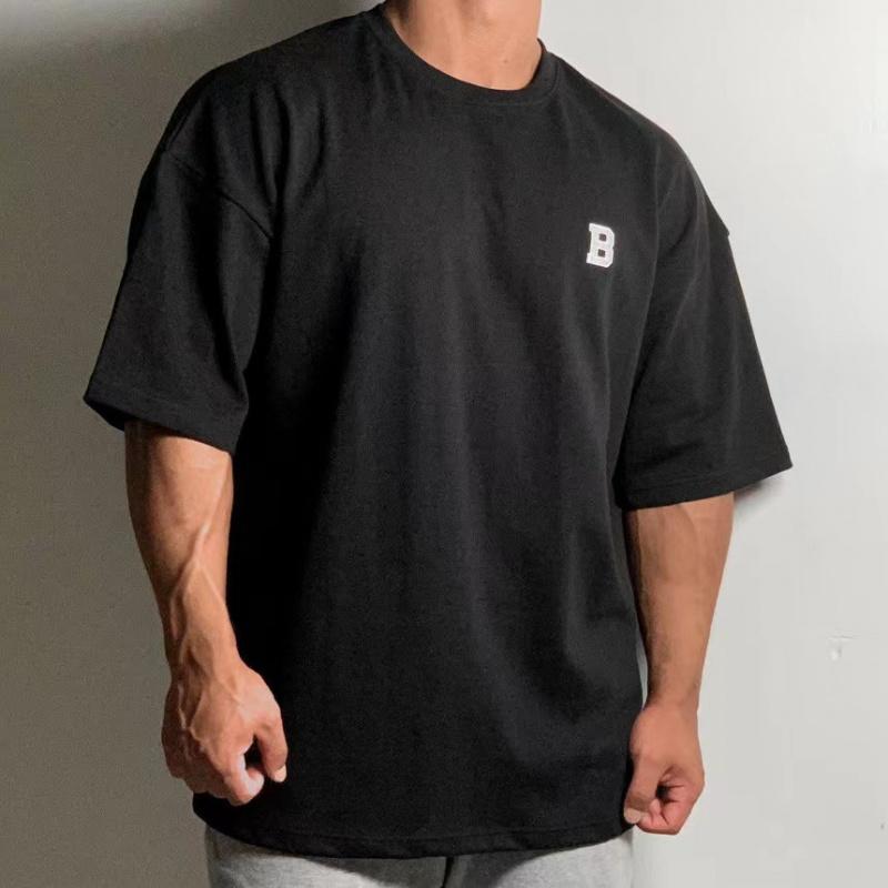 

Loose-fitting short-sleeved men s drop-shoulder half-sleeve summer sports and fitness top, 230g heavy cotton T-shirt M чёрный