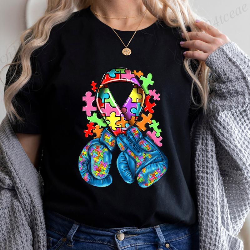 Autism Awareness with Boxing Gloves Shirts for Women Clothing Be Kind Puzzle Neurodiversity Tees Autistic Pride Female Clothing