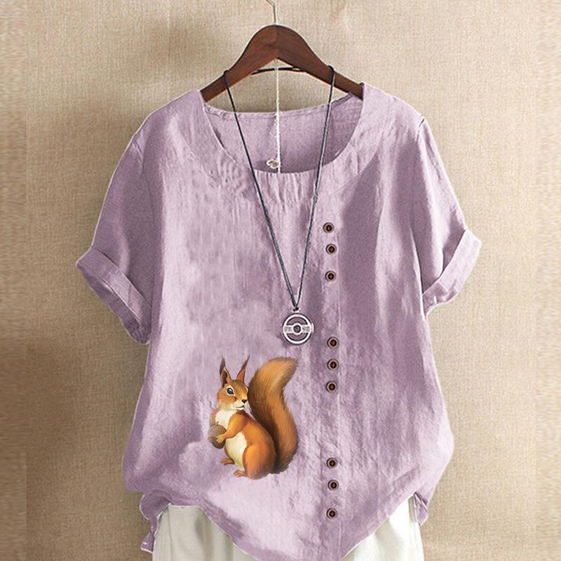 Women's Fashion Round Neck Short Sleeve T-shirt Casual Cotton Linen Graphic Shirt Leisure Loose Squirrel Prined Summer Blouse Tops