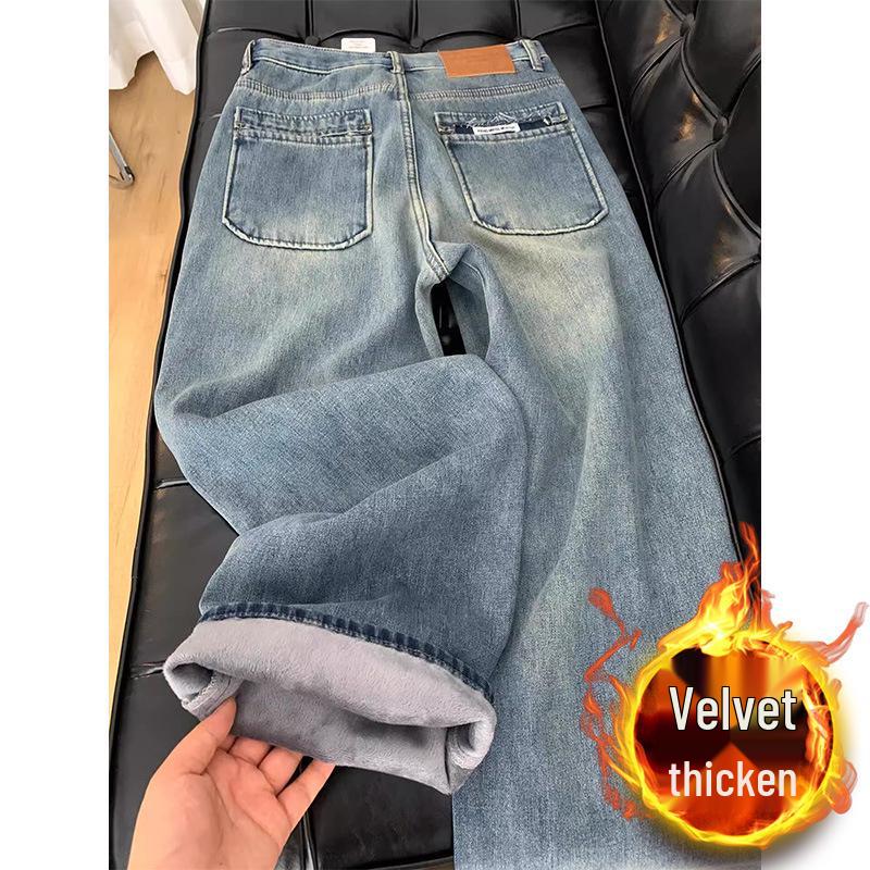 Women's Plus Size Velvet-Lined Wide-Leg Jeans - Retro Loose Fit, Washed, Autumn/Winter