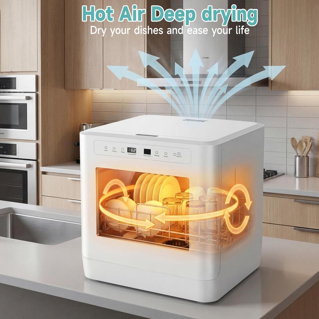 Dishwasher, 6 programs, 8 place settings, uses approx. 5 liters of water, suitable for family kitchens, apartments and student dormitories