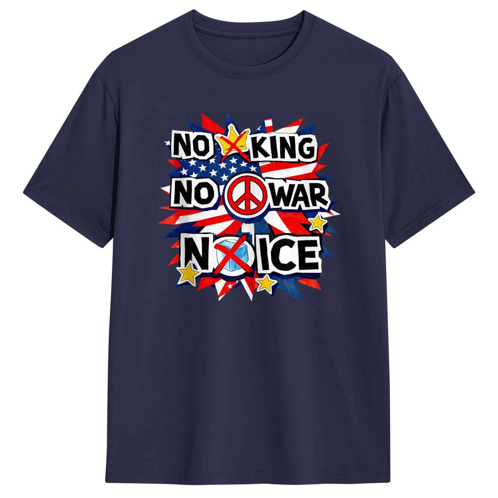 No King No War No ICE Patriotic Poster TShirt for Unisex Crazy Cotton Tee Shirt Round Neck Short Sleeve T Shirts Original Clothes