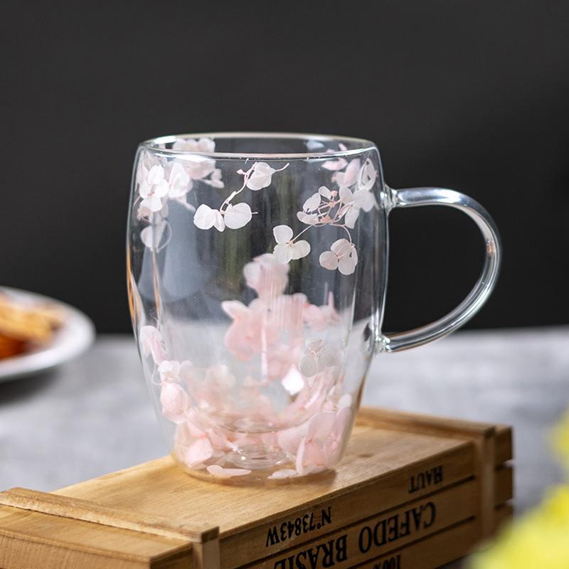 1 taza para té y café de vidrio de borosilicato de alta calidad Ins Trends, taza con flores secas y flores, taza de vidrio de doble pared resistente al calor simple