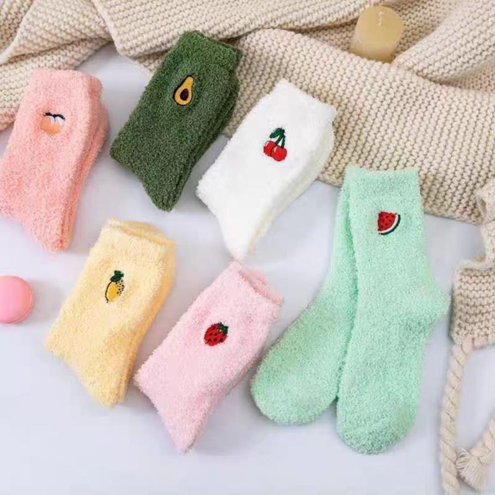 Kawaii Women's Fruit Embroidery Socks Fluffy Warm Plush Socks Female Fashion Winter Coldproof Floor Sleep Socks Snow Terry Sock