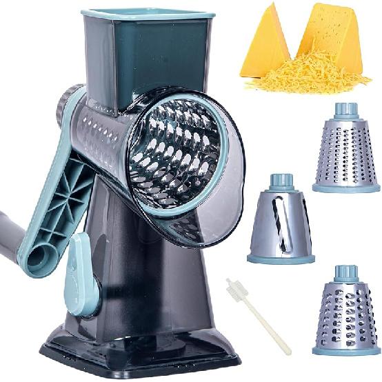 Rotary Cheese Grater Cheese Shredder, Cheese Grater Handheld with Strong Suction Base,Kitchen Vegetable Slicer 3 Replaceable Stainless Drum Blades