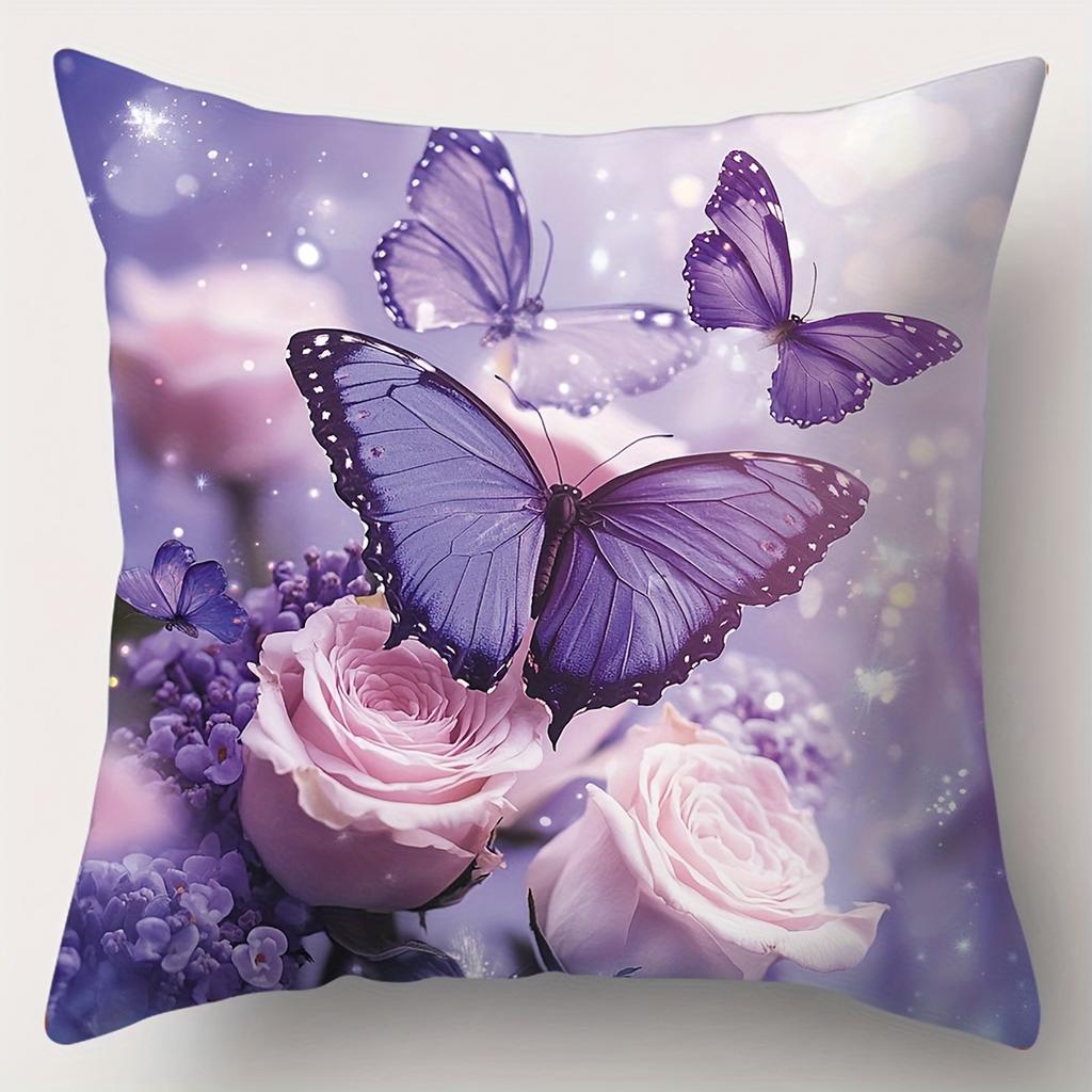 Purple Butterflies And Pink Roses Printed Cushion Covers Polyester pillowcase, sofa decorative cushion cov Headboard Pillow