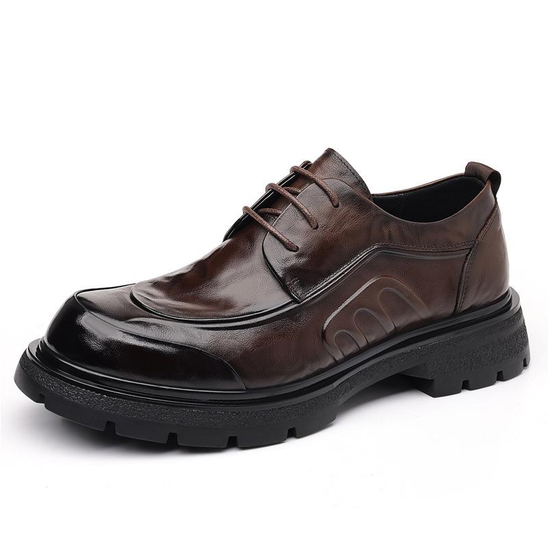 Top Layer Cowhide New Men's Formal Business Leather Shoes High-end Light Luxury Big Head Thick Soled Men's Shoes Trendy Lace Up Single Shoes