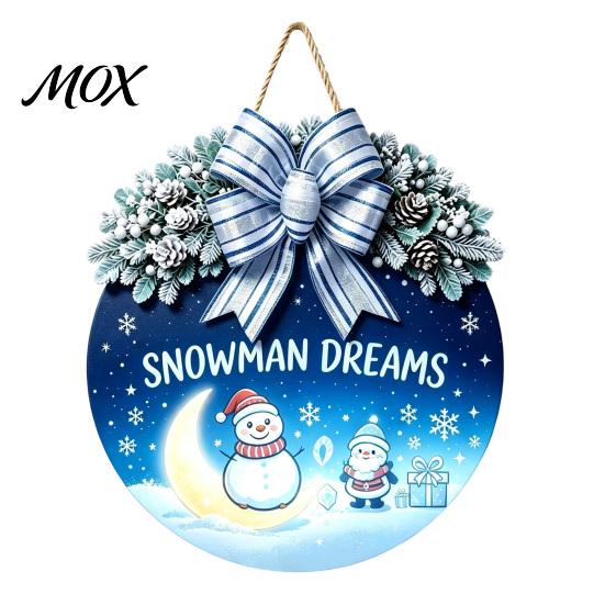 Festive Home Decoration Christmas Wooden Welcome Sign for Front Door, Round Hanging Ornament with Rustic Winter Wreath Artificial Pine Branches & Bow