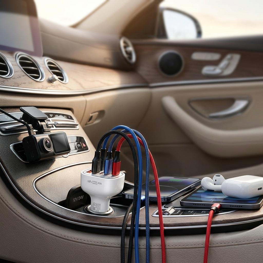 80W Multi-Port PD & QC3.0 Car Cigarette Lighter Charger, 3 Type-C Fast Charging Converter, 12V/24V Universal.