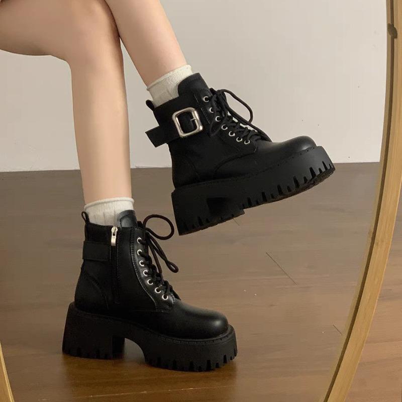 Fashion Women's High Heel Ankle Boots Round Head Square Heel Side Zip Women Boots Belt Buckle Spring Autumn Leisure Fashion Botines Shoe