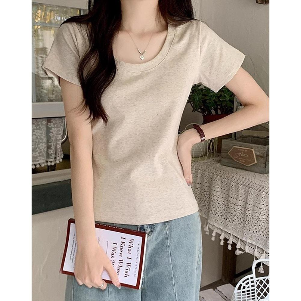 

Summer short-sleeved t-shirt women s shoulder simple basic water drop u-neck niche design sense slim and thin versatile top S серый