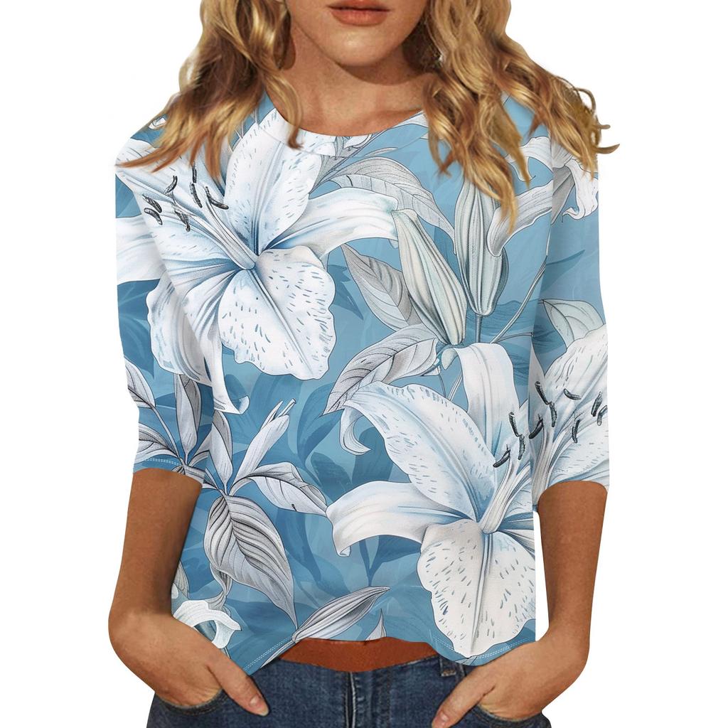 Women's Floral Print Round Neck Top With Three Quarter Sleeves T-Shirt Three Quarter Sleeves T-Shirt