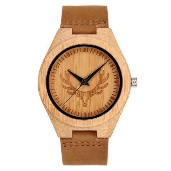 Mens wristwatch wooden bamboo genuine leather strap quartz simple casual natural wood Japanese movement logo custom (Bamboo Kouka Shikato Men)