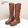 Leather Martin Boots Autumn and Winter New Flat-bottomed Retro Belt Buckle High Boots Western Cowboy Knight