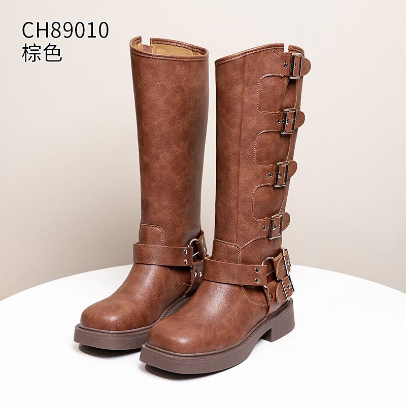 Leather Martin Boots Autumn and Winter New Flat-bottomed Retro Belt Buckle High Boots Western Cowboy Knight
