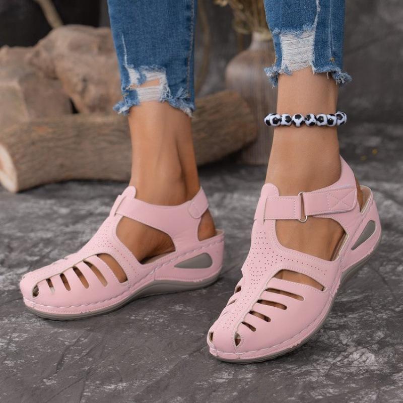 15 Colors Summer New Large Size European and American Daily Leisure Bag Head Medium Heel Velcro Wedge Heel Sandals