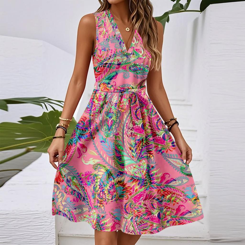 Damen Frühling und Sommer Casual V-Ausschnitt Ärmellose Taille Blumendruck Midikleid