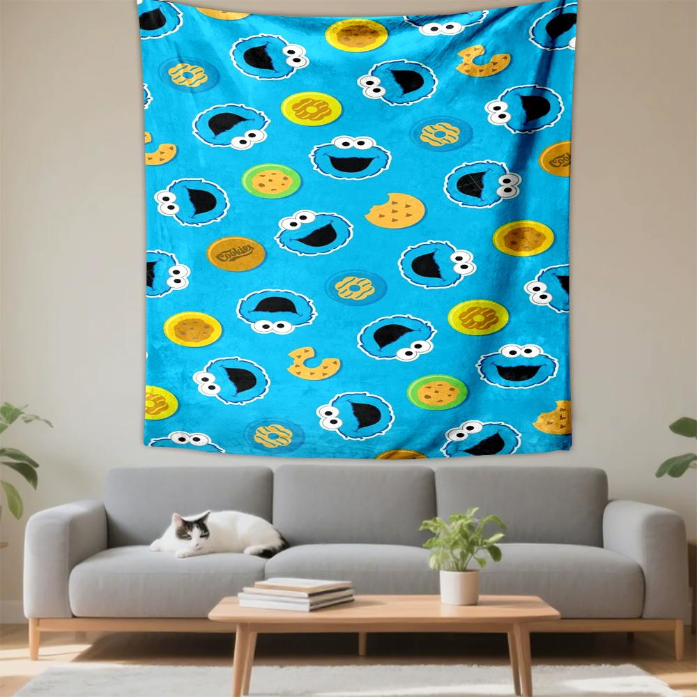 Blue Cartoon Faces and Colorful Cookies Patterned Tapestry for Bedroom and Living Room Home Decor